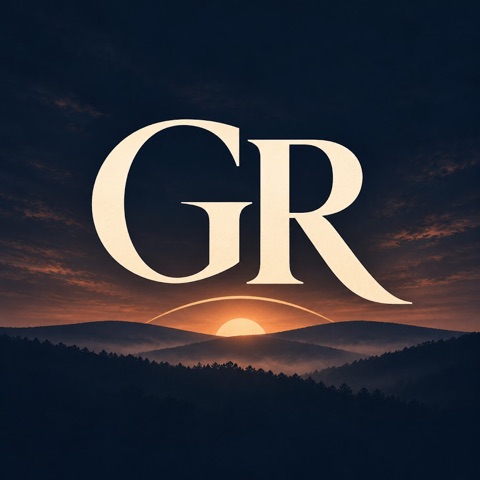 The Grace on the Rise GR monogram above a sunrise over misty hills